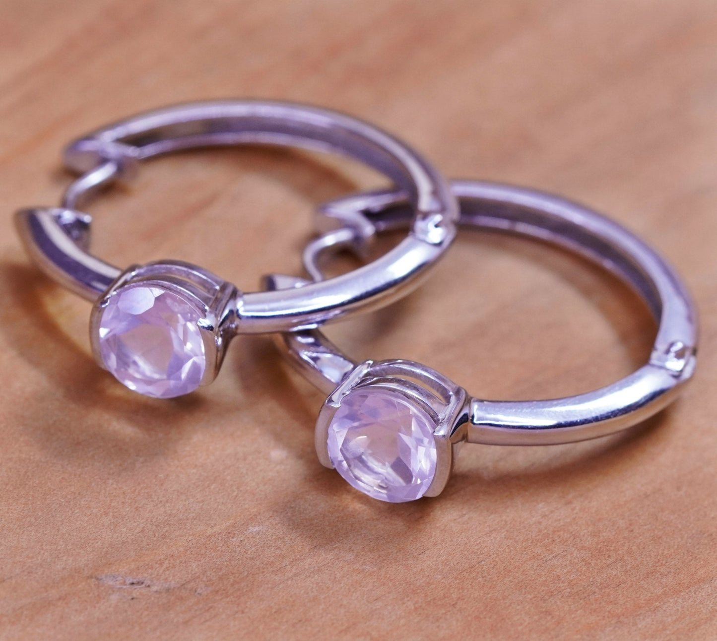 1”, Vintage Sterling silver earrings, 925 hoops with pink quartz