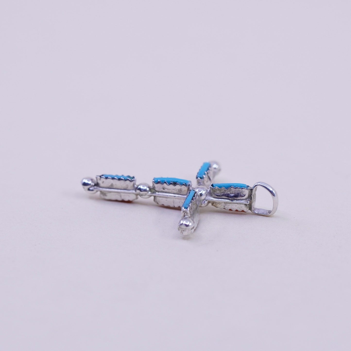 Native American Southwestern sterling silver pendant, 925 cross turquoise coral