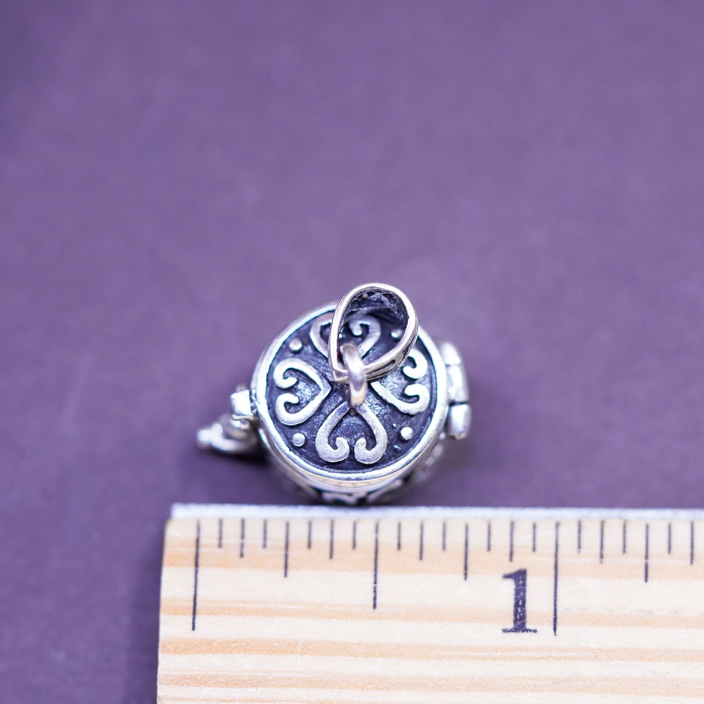 Vintage Sterling silver prayer box pendant, 925 handmade round locket charm