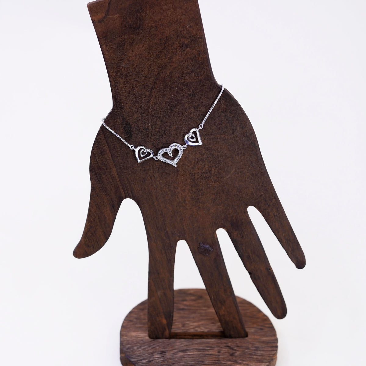 Size adjustable, sterling silver bracelet, fine 925 box chain heart and cz