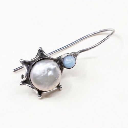 Vintage Southwestern handmade Sterling Silver Pearl Earrings w/ Larimar Details