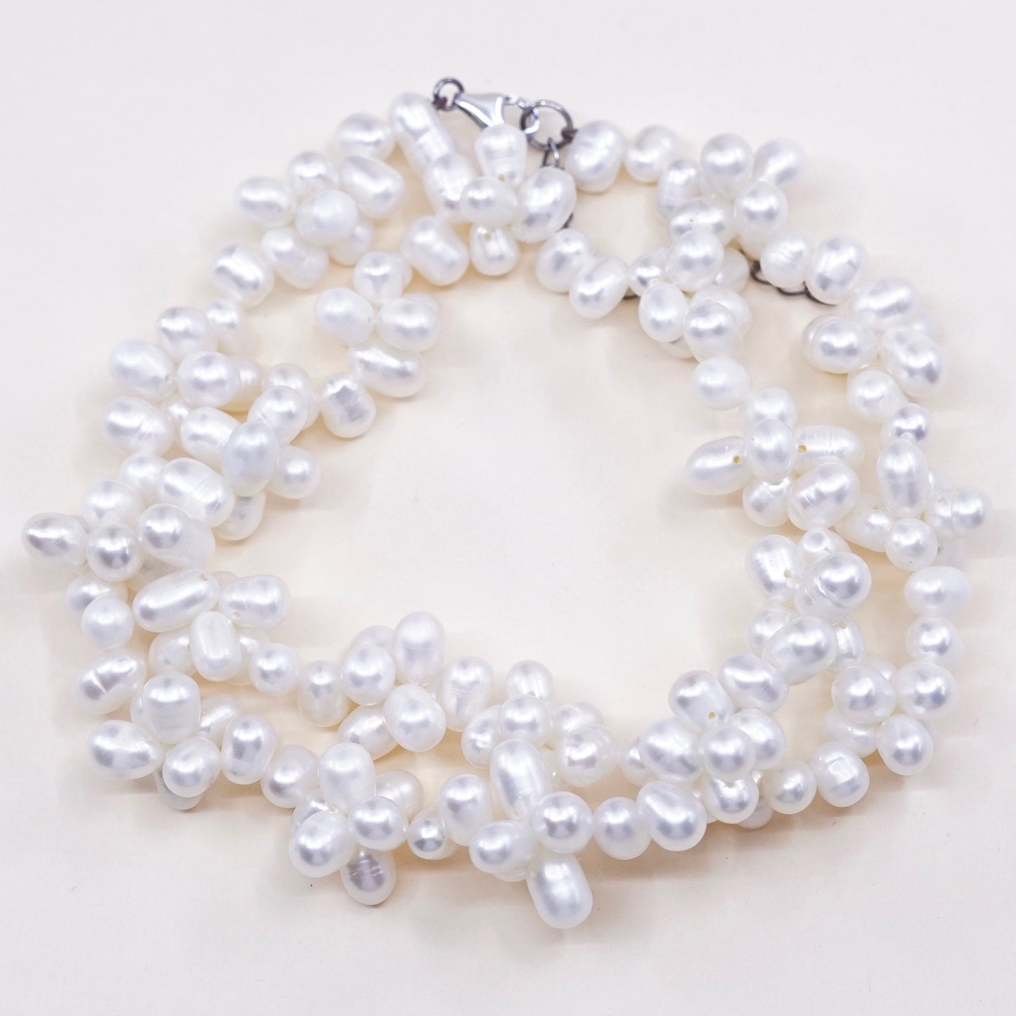 18”, Vintage handmade Sterling silver bead link chain with pearl beads
