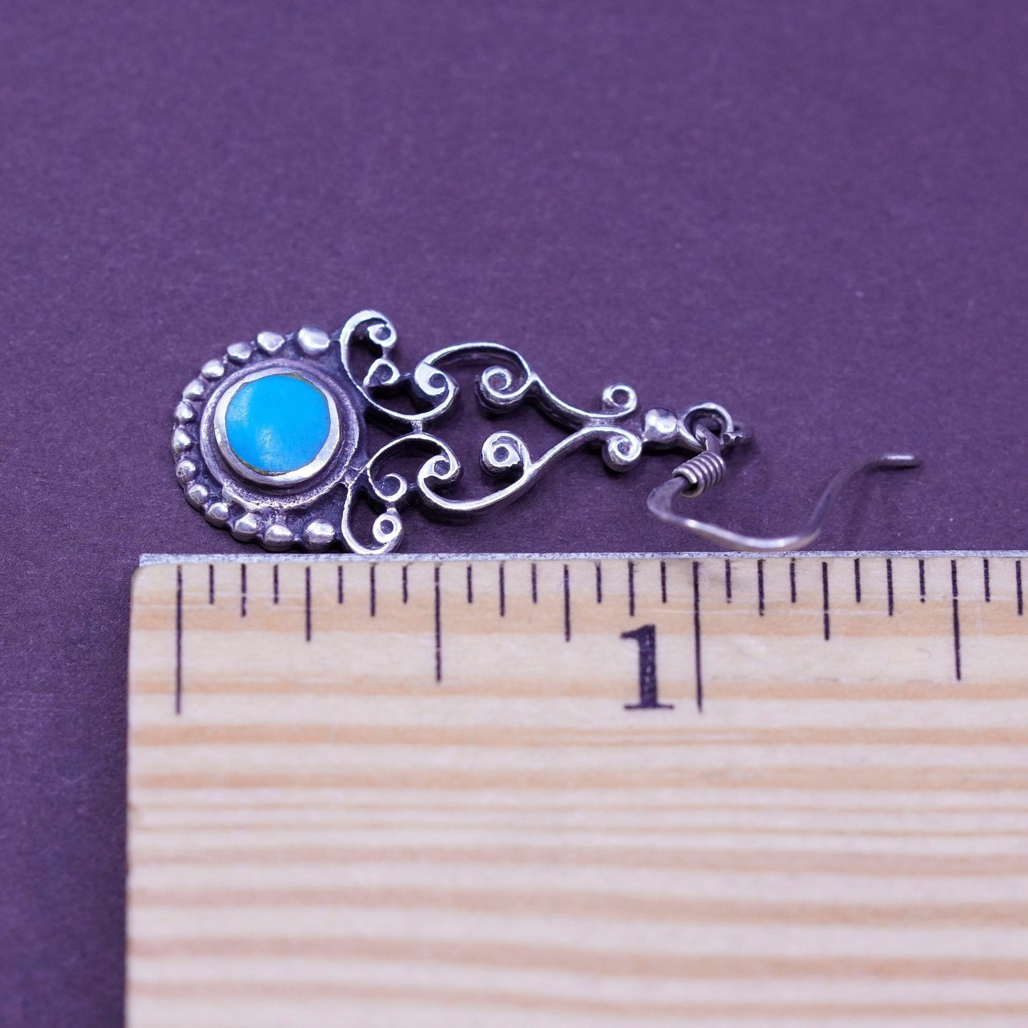 Vintage Sterling 925 silver handmade filigree teardrop earrings with turquoise