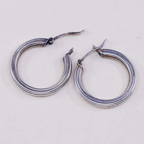 0.75”, Vtg Sterling Silver Handmade Hoops, 925 Ribbed elegant earrings, Huggie