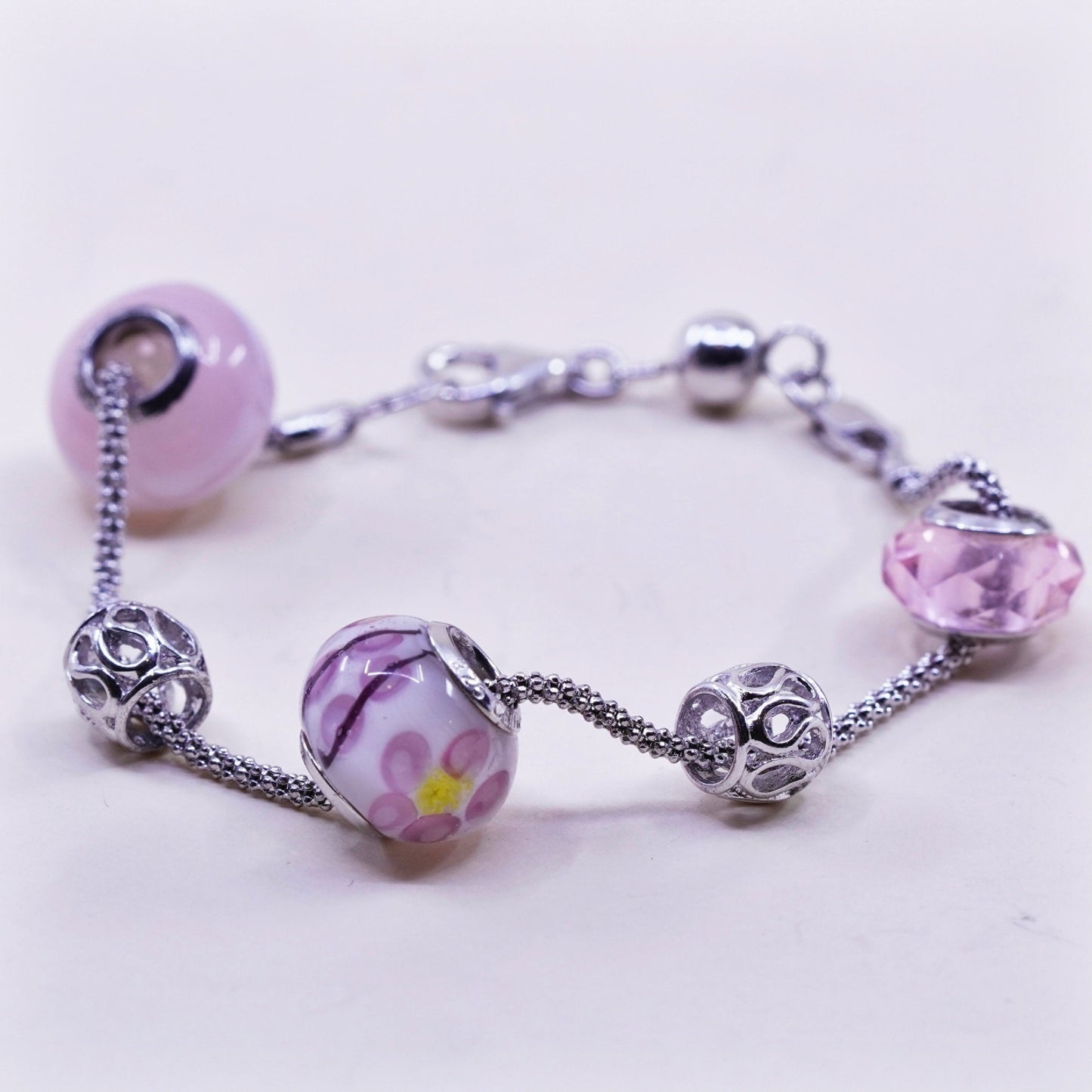 6.75”, 925 Sterling silver popcorn chain bracelet w/ artisan flora glass beads