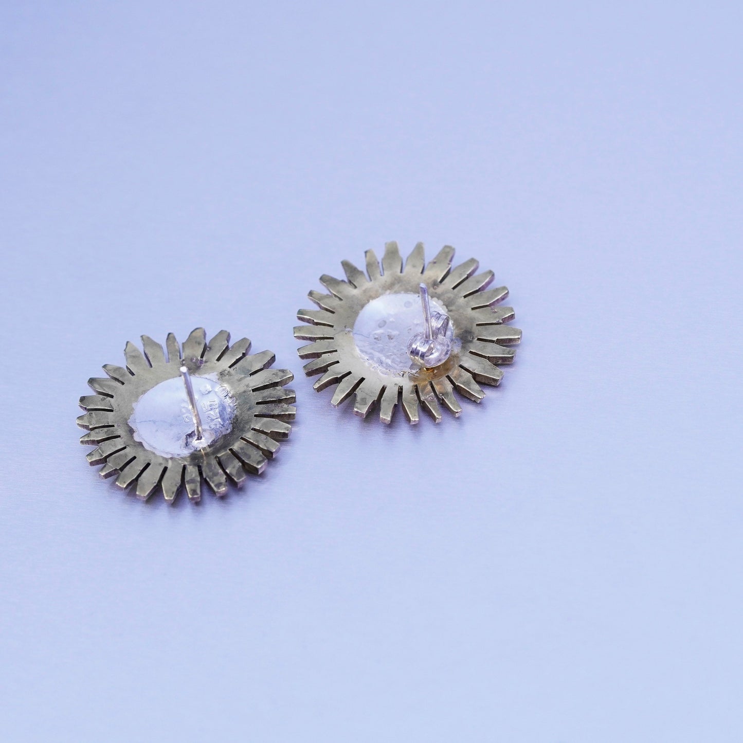 two tone Mexico Sterling 925 silver handmade earrings, sunflower flower studs