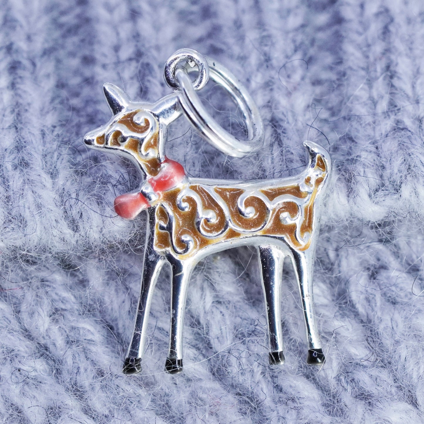 Vintage sterling 925 silver enamel deer charm pendant