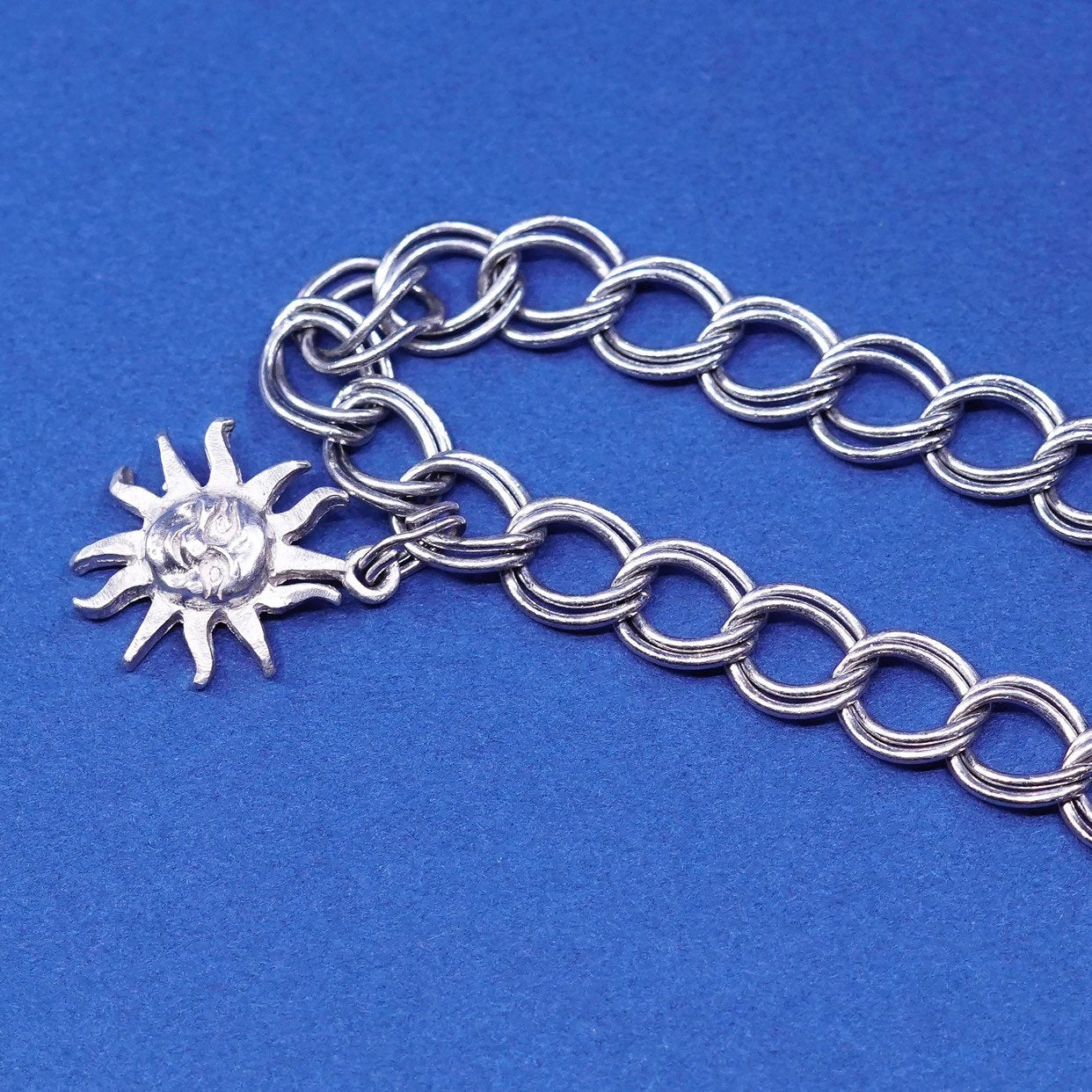 7.25" 6mm, Sterling silver handmade charm bracelet 925 double curb chain w/ sun