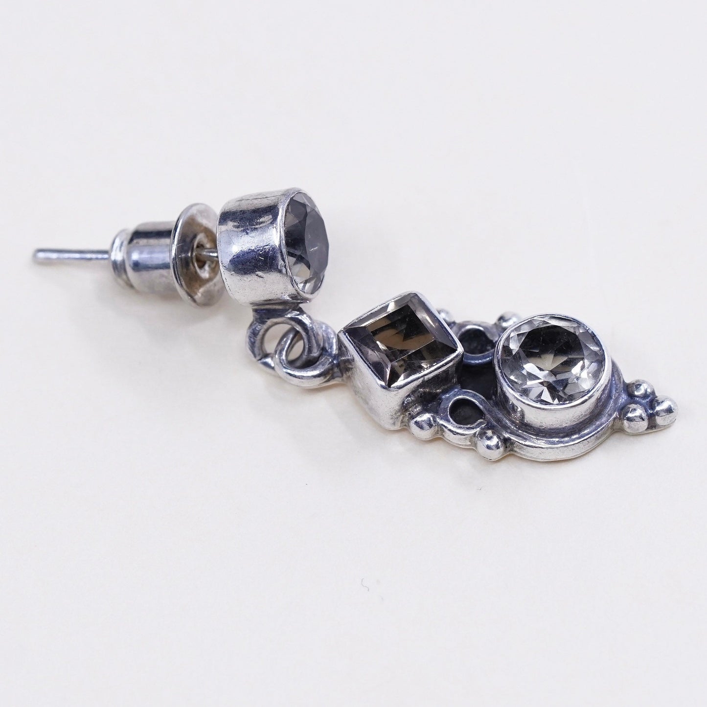 Vintage sterling silver handmade earrings, 925 with smoky topaz drops