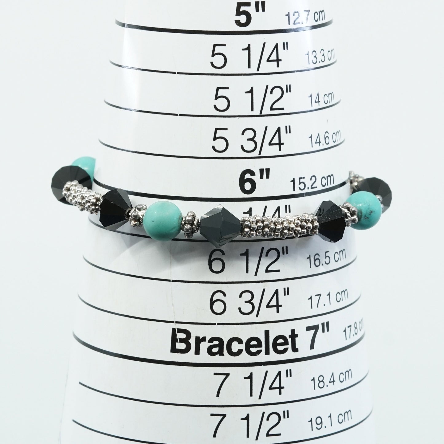 6.25”, vtg sterling 925 silver handmade bracelet w/ turquoise N obsidian