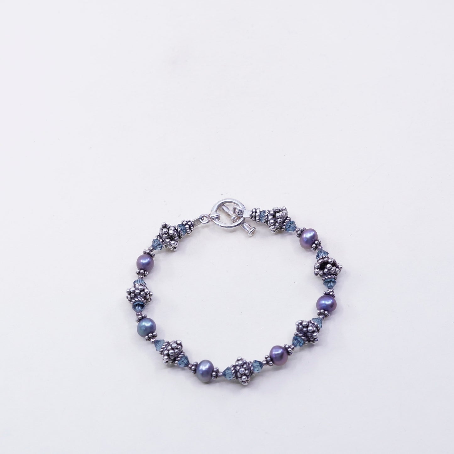 6”, Sterling 925 silver bracelet, pearl beads with crystal and heart closure