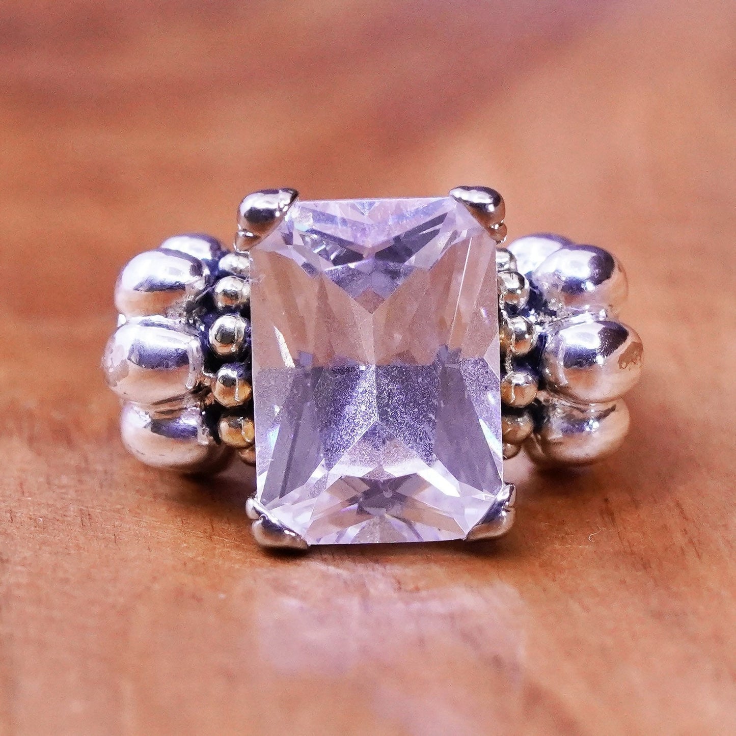 Size 7, Two Tone Sterling 925 silver shiny ring 14K gold beads rectangular cz