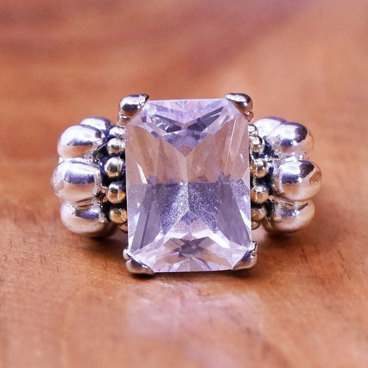Size 7, Two Tone Sterling 925 silver shiny ring 14K gold beads rectangular cz