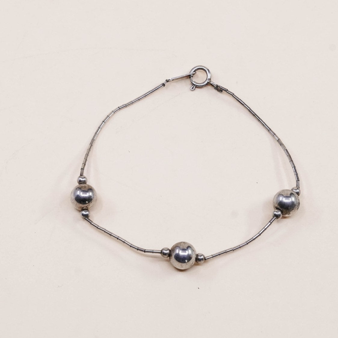 7.5", 1mm, VTG sterling silver snake bracelet, 925 chain with beads