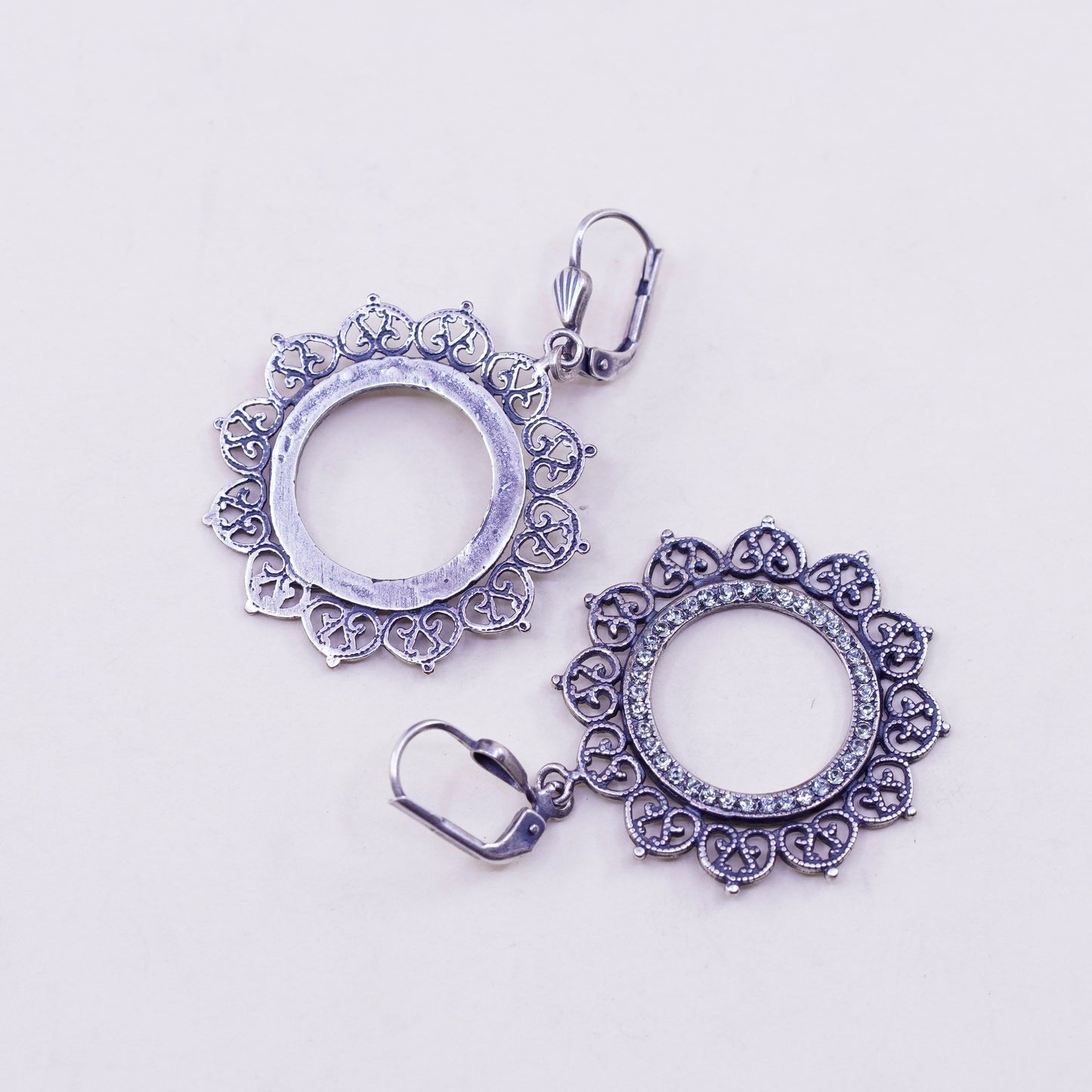 Vintage Sterling silver handmade earrings, 925 filigree circle and cz around