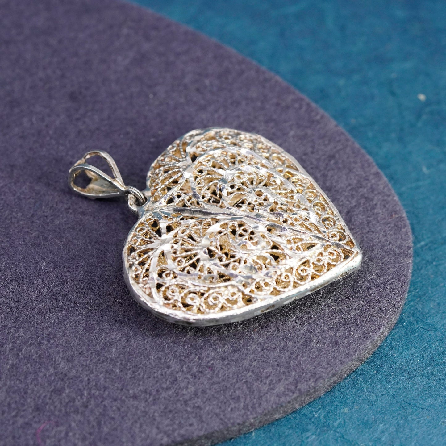 Vintage Sterling silver handmade pendant, 925 puffy filigree heart