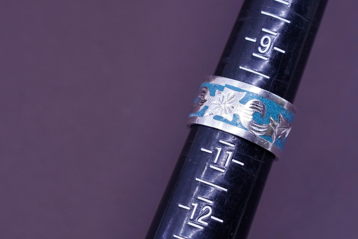 sz 10, Sterling silver ring, Native American, 925 wide band w/ turquoise