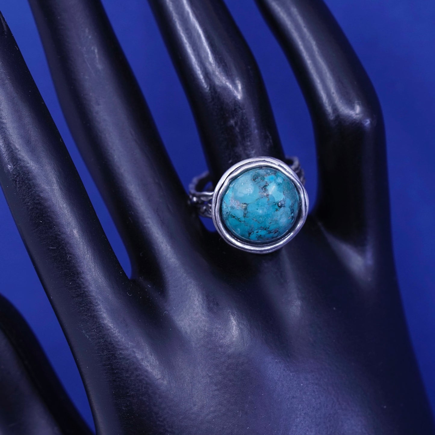 Size 7.75, vintage Israel Sterling silver handmade ring with turquoise