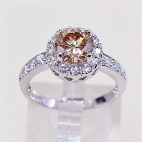 Sz 7.25, Vtg Sterling Silver Ring, 925 Silver Engagement Ring W/ Orange Crystal