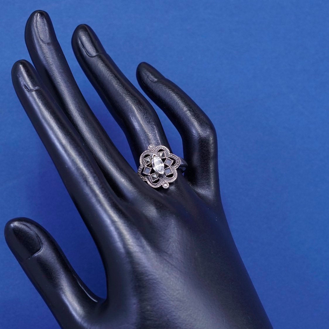 sz 8.25, vtg Sterling silver handmade ring, 925 band w/ marcasite