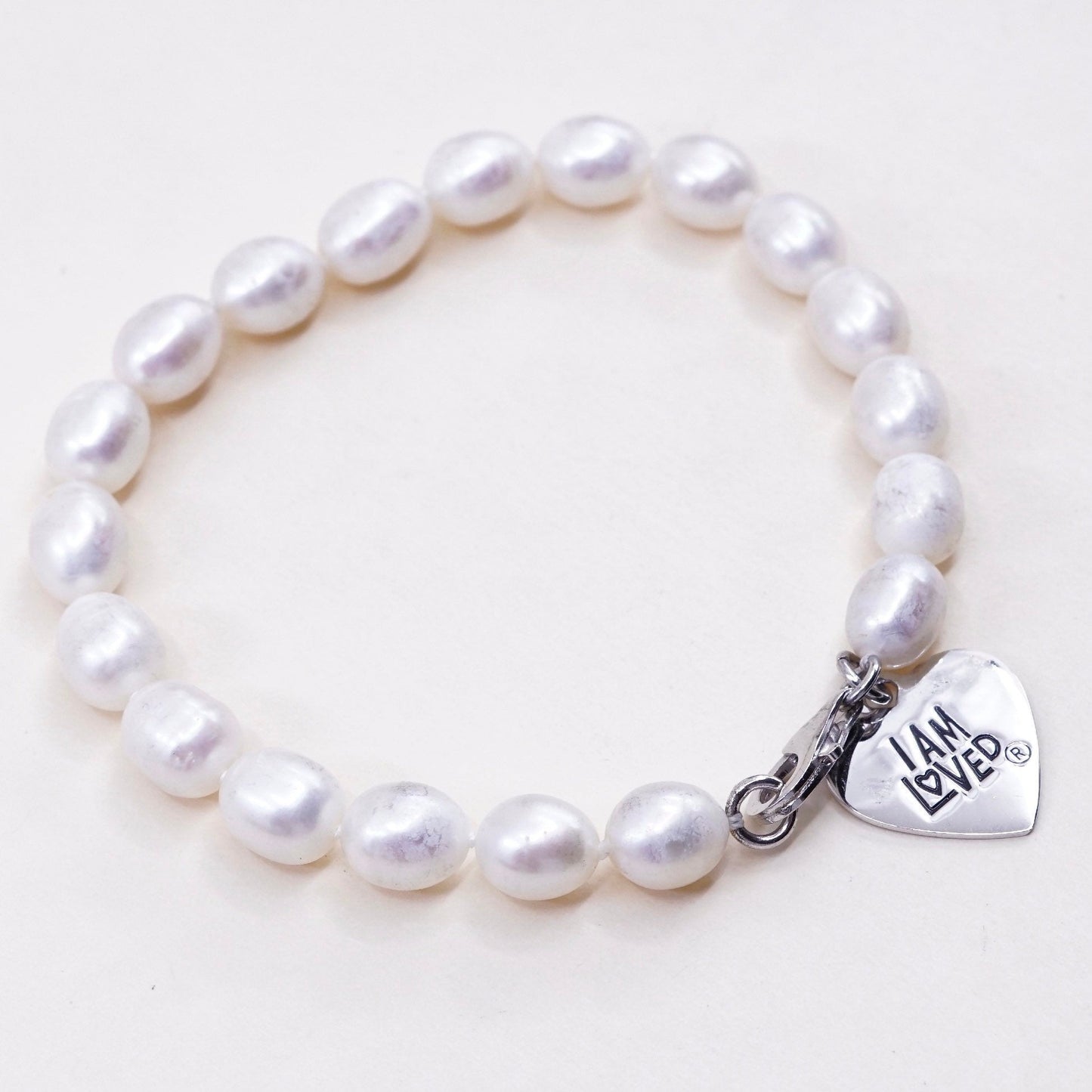 7”, vtg sterling silver bracelet, pearl beads with 925 heart charm “I am loved