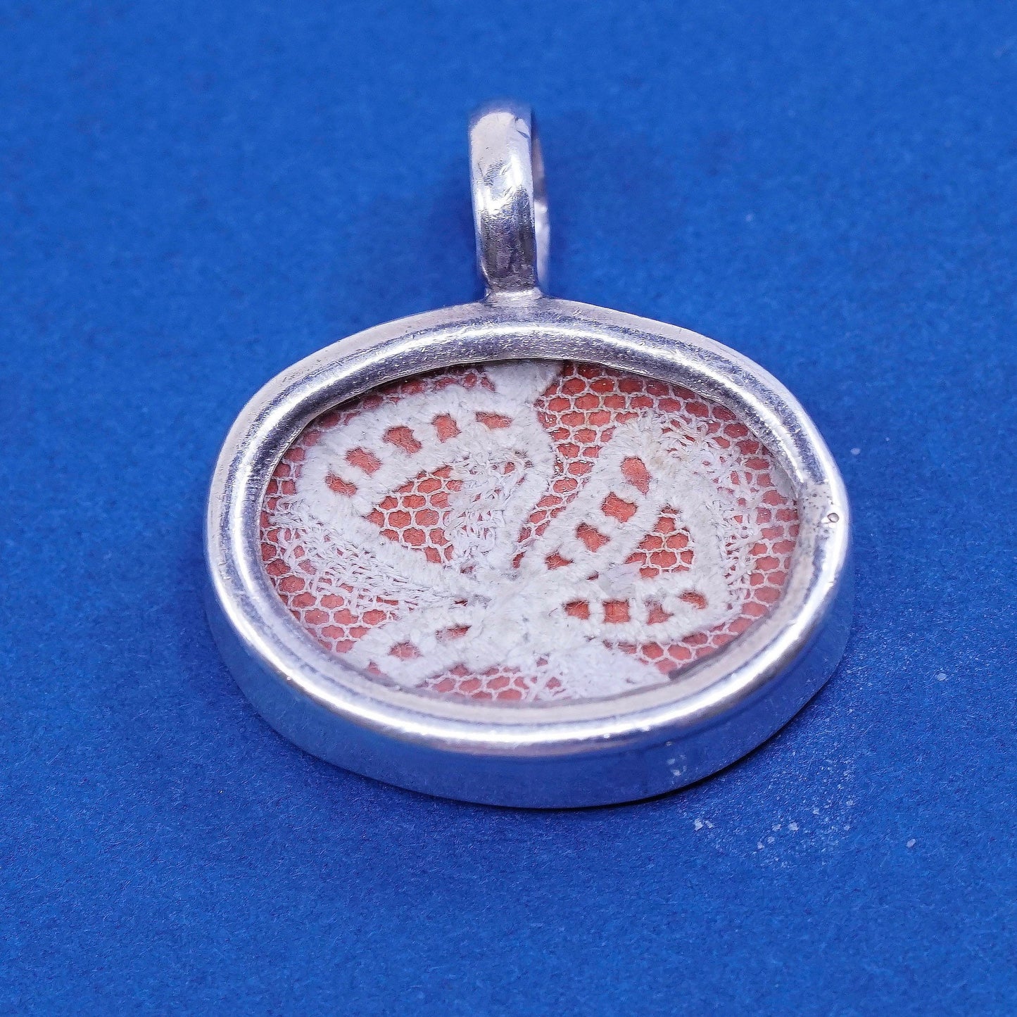 Vintage sterling silver handmade pendant, 925 with lace inlay, silver tested