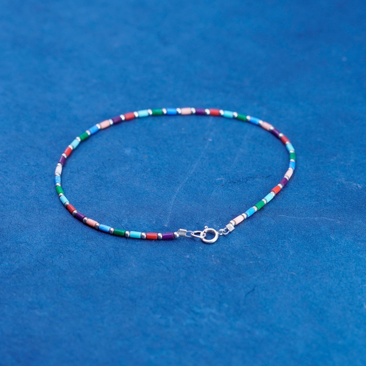 9.5”, sterling 925 liquid silver handmade bracelet, anklet chain colorful beads