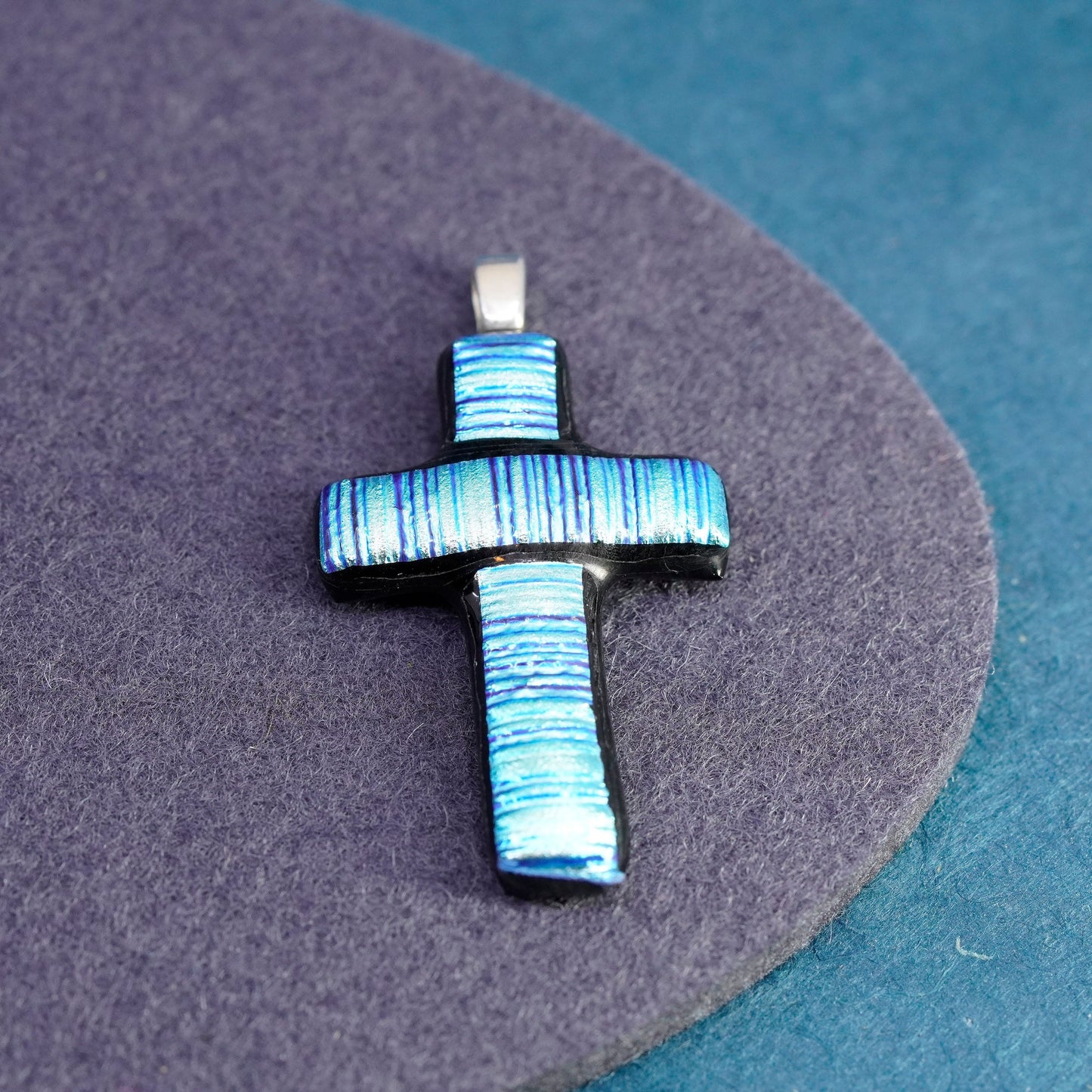 Vintage sterling 925 silver handmade pendant with blue dichroic glass cross