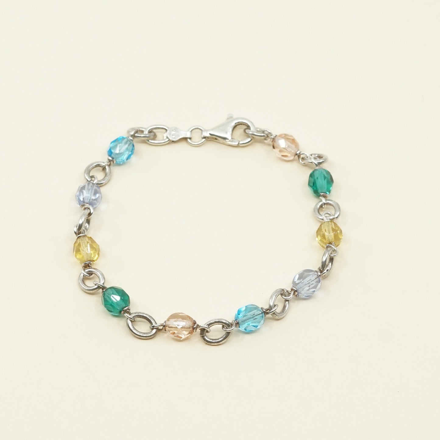 7.25", VTG Sterling silver handmade bracelet, 925 beads w/ colorful crystal
