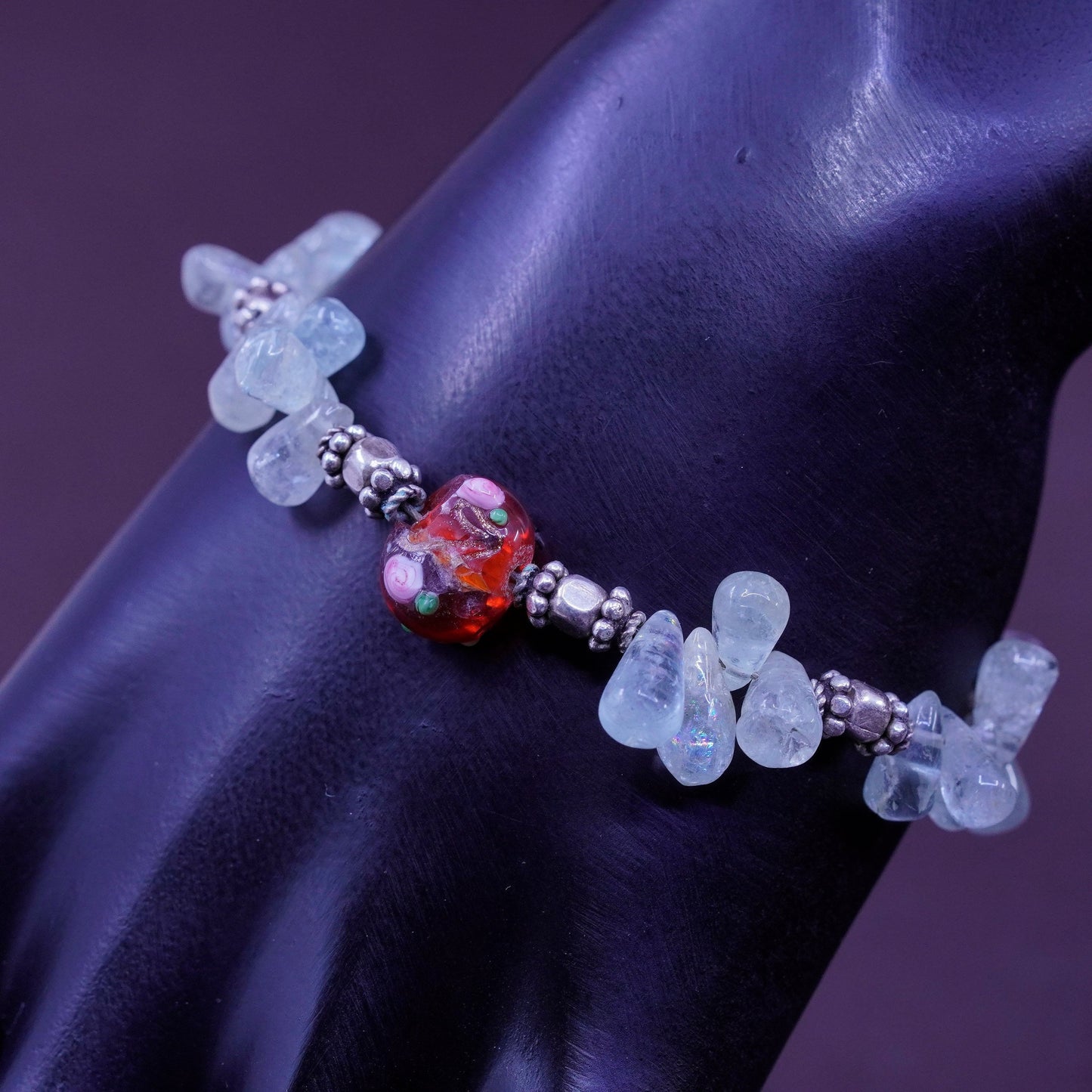 6.75”, Sterling 925 silver handmade bracelet w/ red glass bead teardrop quartz