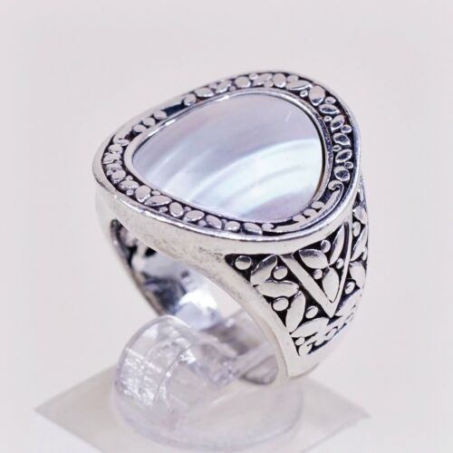 Sz 7.5, Vtg CNA Indonesia Sterling Silver Handmade Cocktail Ring w/ Mop N Bali