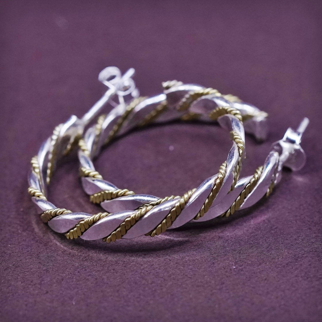 1", VTG Huggie Sterling silver handmade earrings, 925 studs w/ brass cable