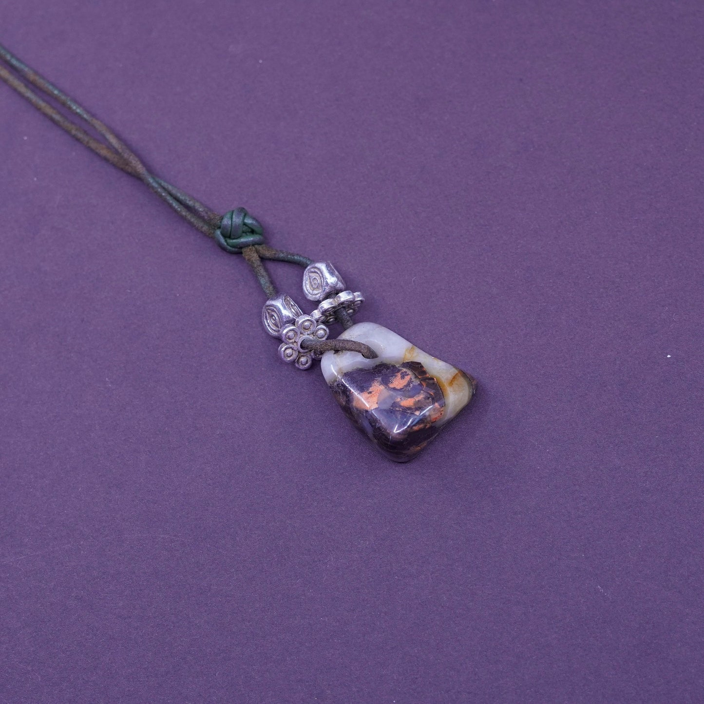 20”, sterling silver handmade necklace, leather core w/ agate nugget pendant