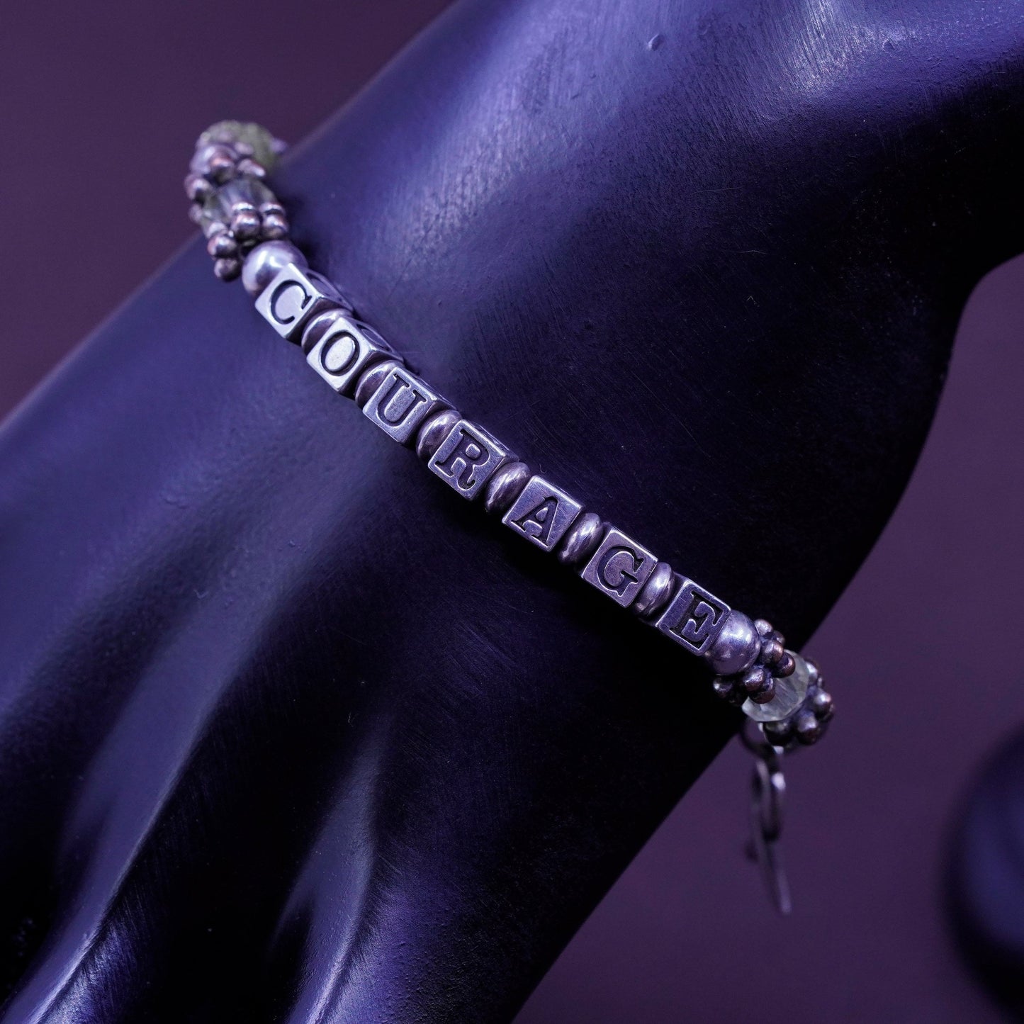 7”, Sterling 925 silver bracelet amethyst beads “courage cubes and ribbon charm