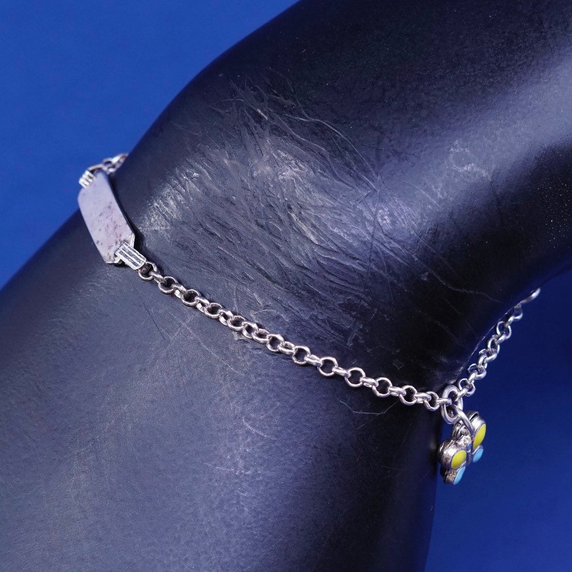 6.25", 1mm, vtg handmade Sterling silver bracelet, circle chain butterfly charm