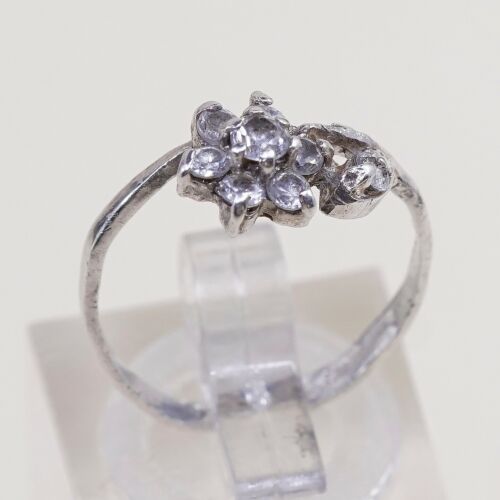 Sz 6, vintage Sterling Ring, 925 Silver flower W/ cluster Crystal