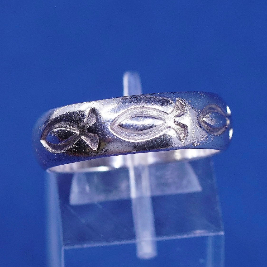 sz 9, vtg BSD Sterling silver handmade ring, 925 prayer band w/ fish