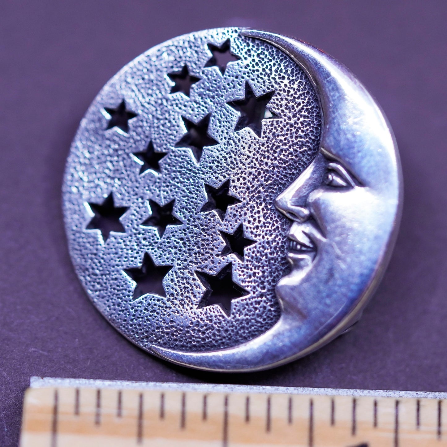 Vintage handmade sterling 925 silver moon face brooch with stars