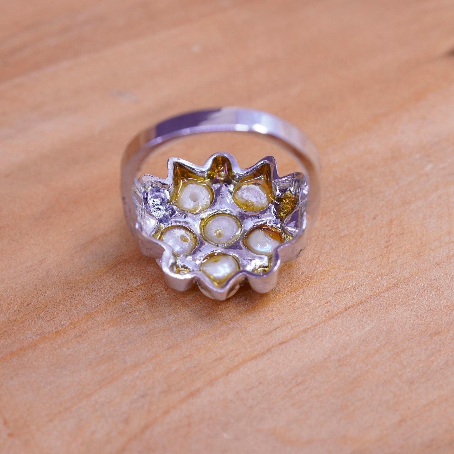 Size 7, vintage Sterling 925 silver handmade ring with freshwater pearls and cz