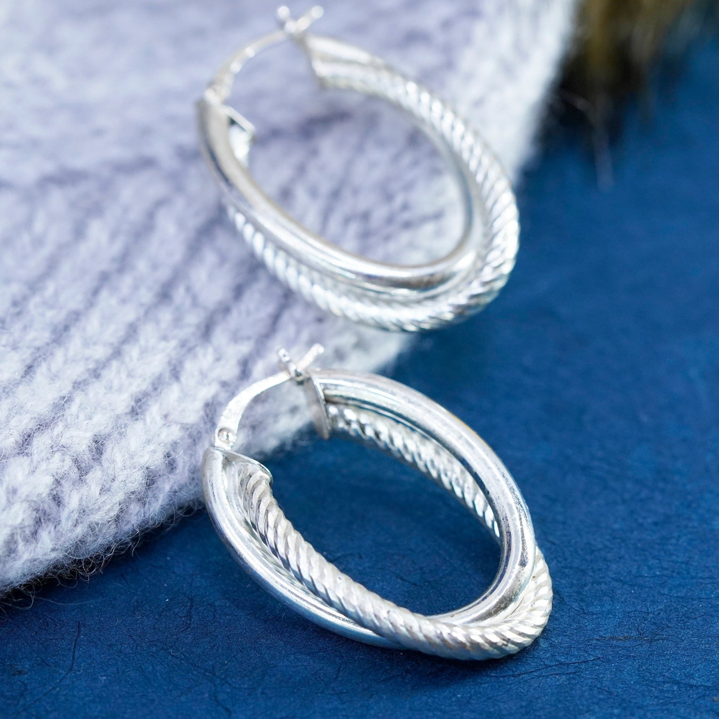 1.25”, vintage Sterling silver handmade earrings, 925 entwined hoops