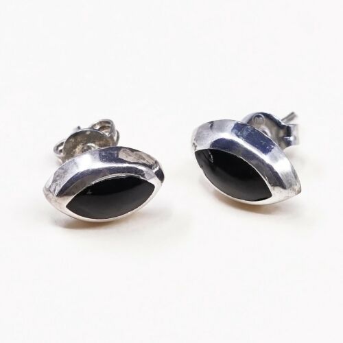 Vintage Sterling Silver Handmade Earrings, 925 Silver Studs W/ Obsidian