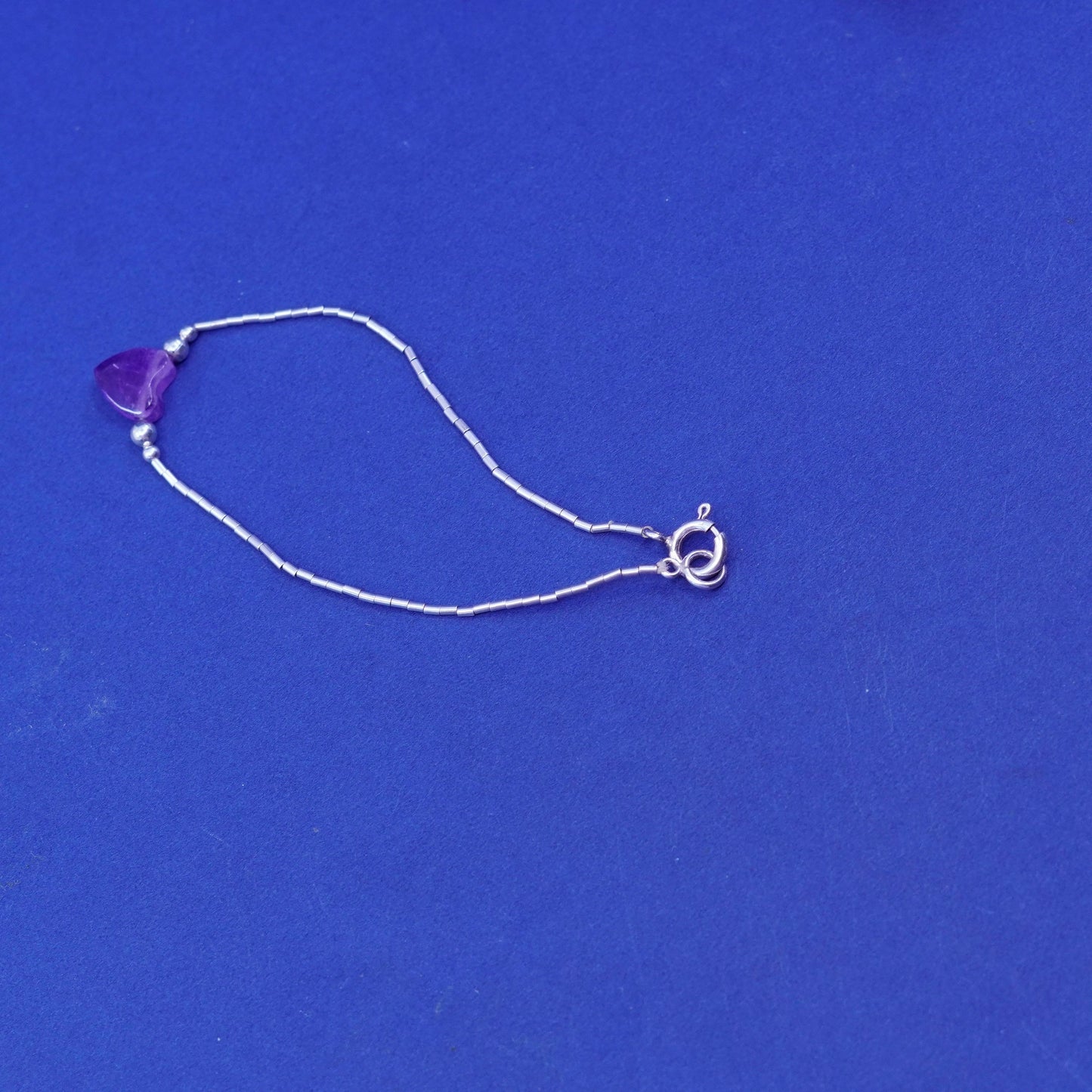6.25”, vtg sterling handmade bracelet, 925 liquid silver chain amethyst heart