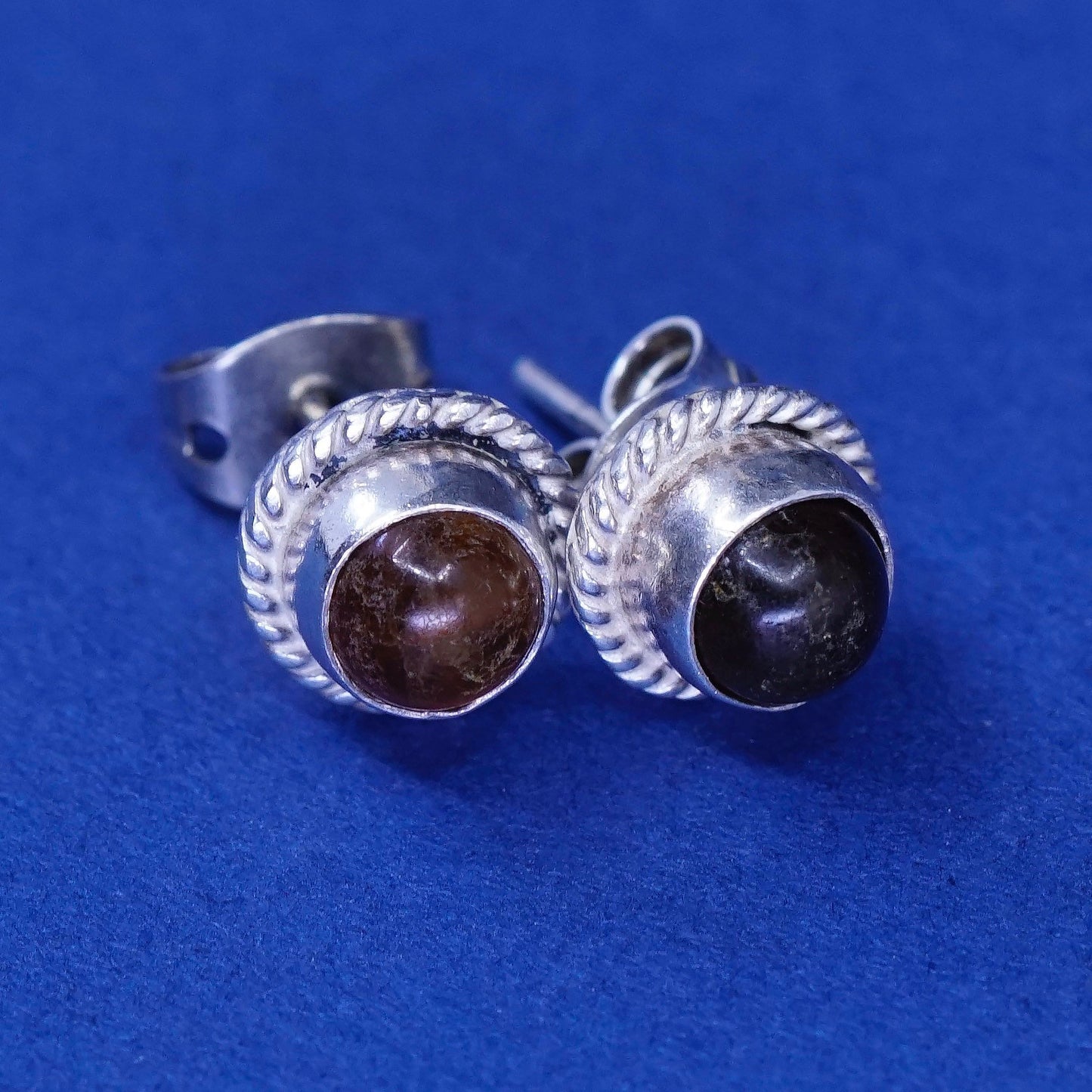 Vintage sterling silver handmade earrings, 925 studs with round amber