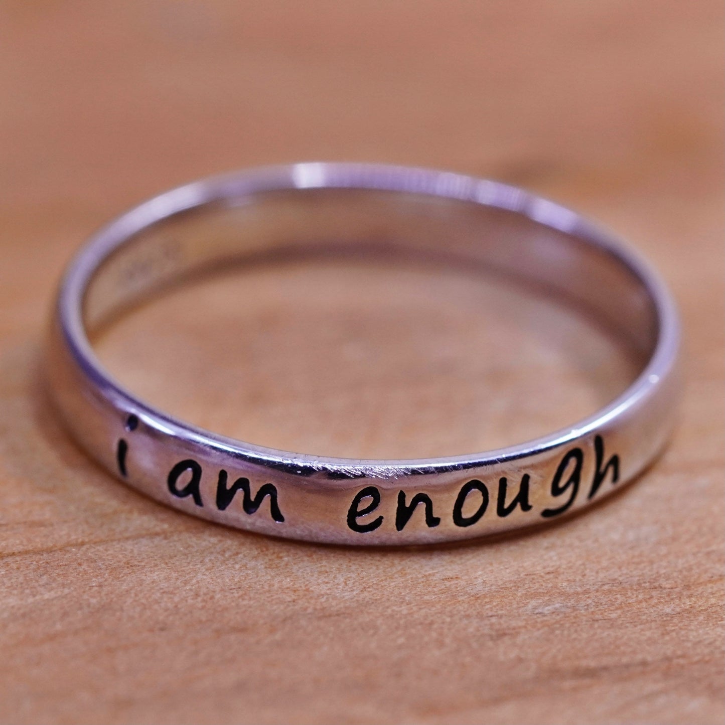 Size 11.25, Sterling silver inspirational ring, 925 quote band “i am enough.”