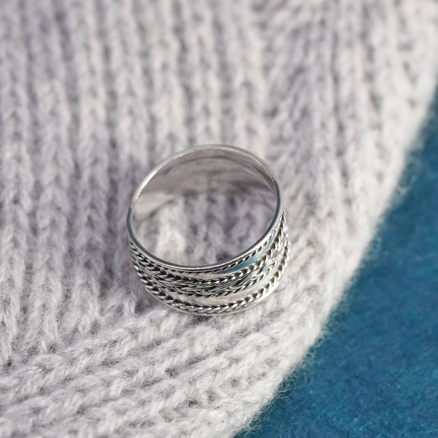 Size 8, vintage Sterling silver handmade band, wide 925 ribbed cable band
