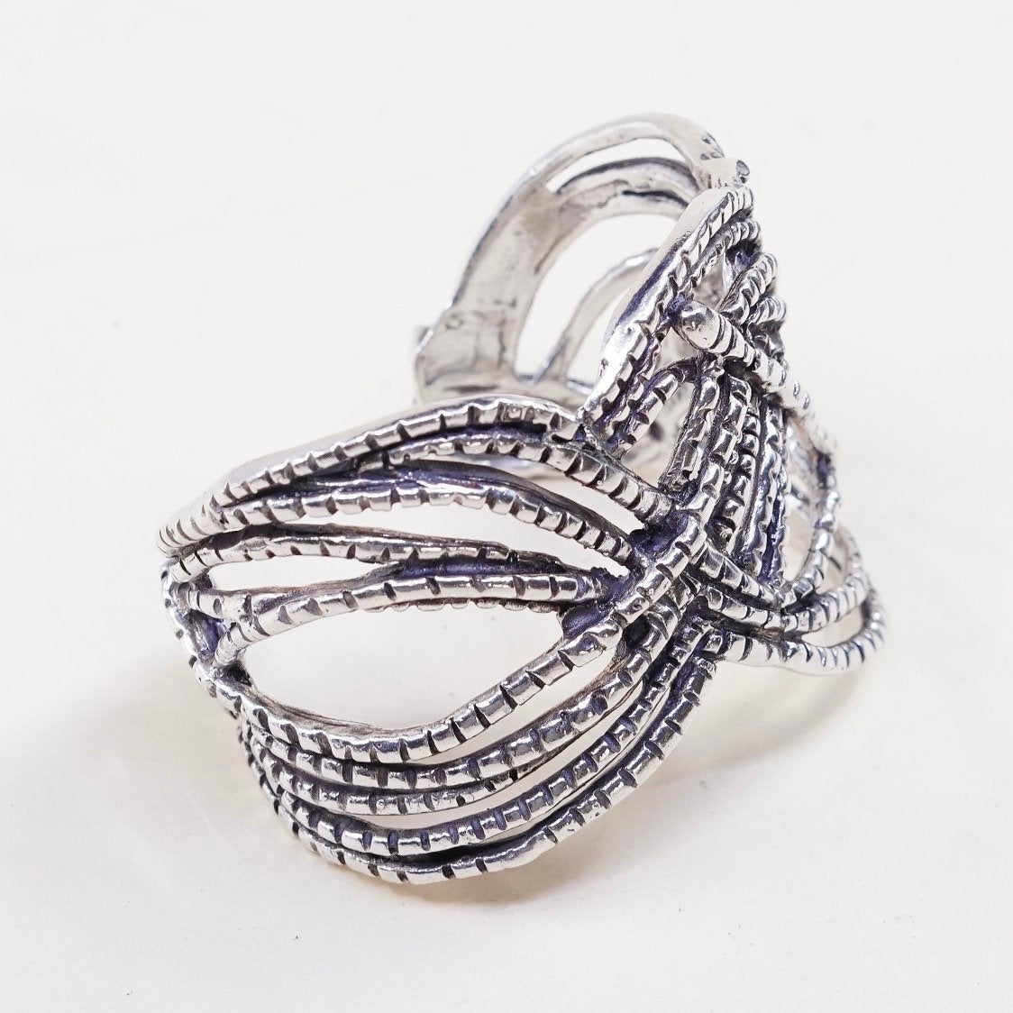 6”, vtg unique Sterling silver handmade cuff, mexico wide wired wave bracelet