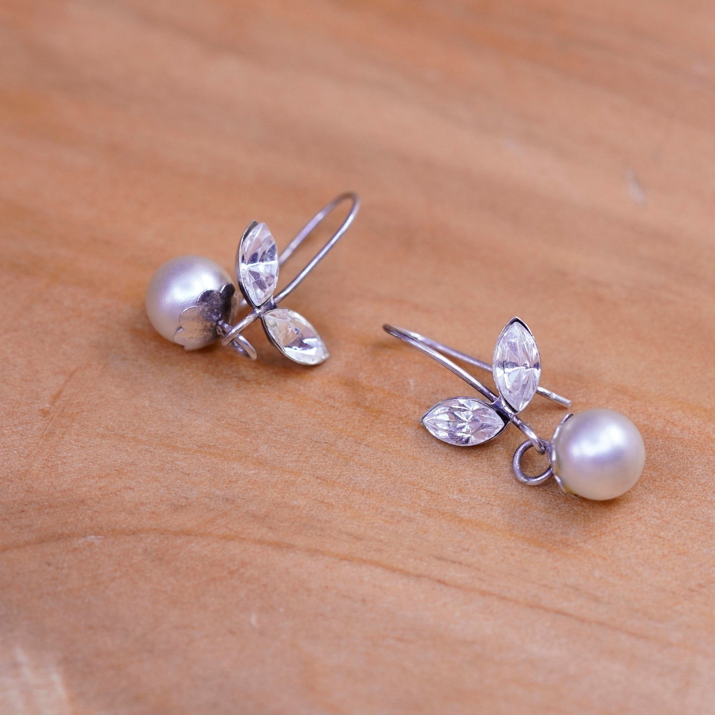 Vintage Sterling 925 silver handmade earrings with pearl and Cz, silver tested