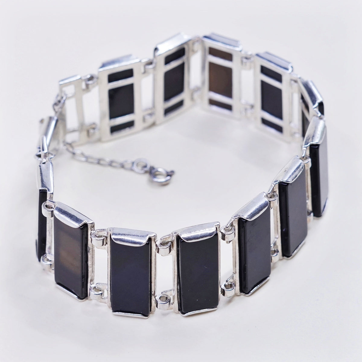 7.5”, Vintage Sterling silver handmade bracelet, Mexico 925 w/ square obsidian