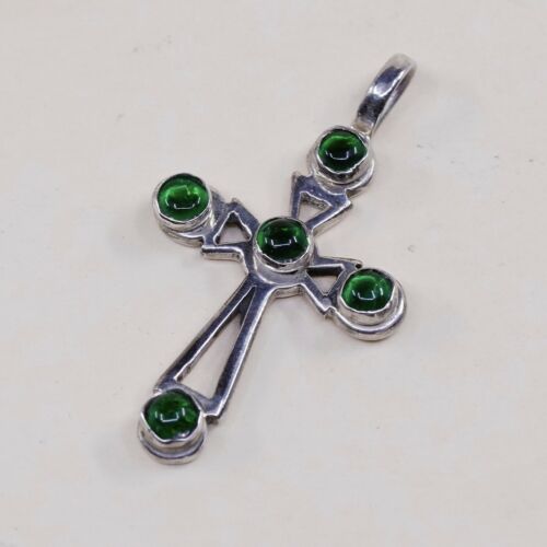Vintage Sterling Silver Handmade Pendant, 925 silver cross w/ Green Glass