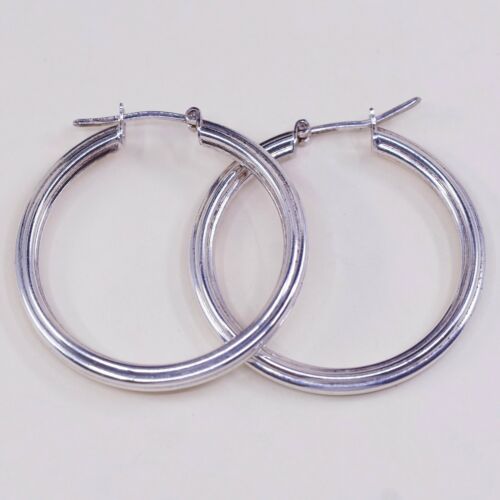 1.25”, Vtg 925 Sterling Silver Handmade Ribbed Huggie Hoop Earrings, Stamped 925